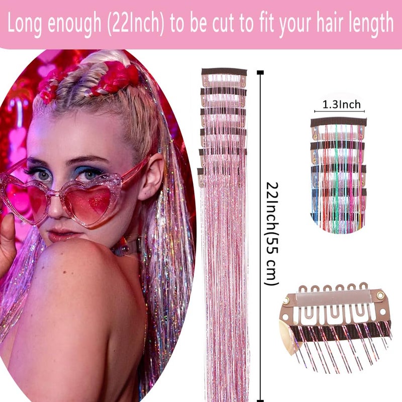 EROADE Hair Tinsel 12 Pcs Clip in Hair Tinsel Kit for Girls 22 Inch Glitter Fairy Tinsel Hair Extensions Colorful Heat Resistant Party Festival Accessories for Women (pink/multicolor-12 Pcs) - Image 4